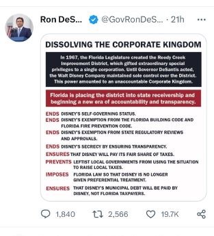 ron desantis tweets about dissolving the corporate kingdom